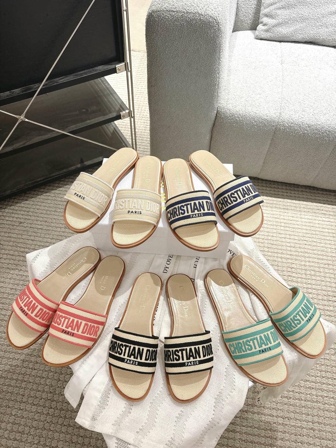 Dior Dway striped embroidered slide sandals, flat